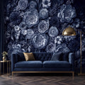 Dark Blue Floral Peel and Stick Wall Mural, Moody Monochrome Peony Rose Dahlia Wallpaper, Elegant Flower Wall Decor