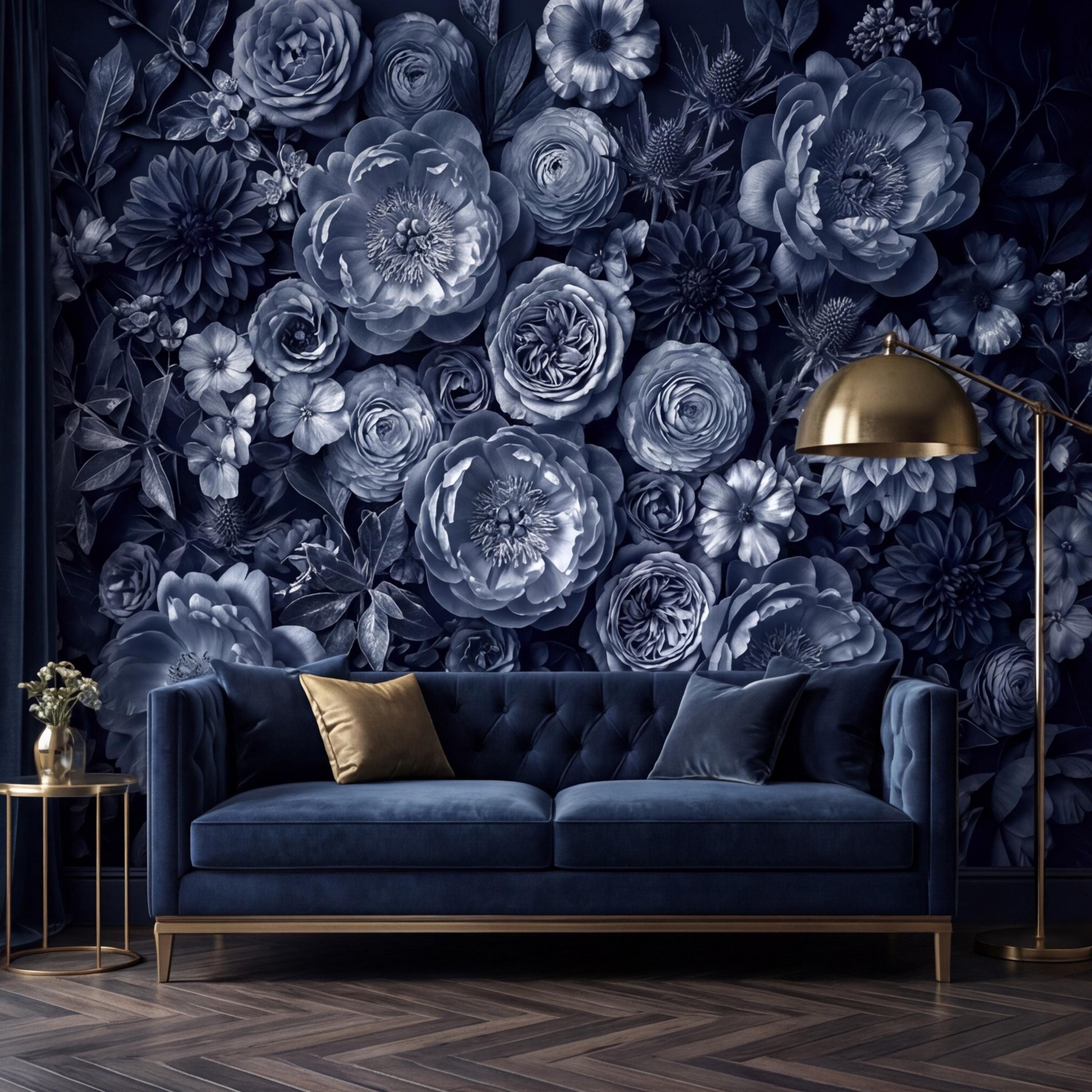 Dark Blue Floral Peel and Stick Wall Mural, Moody Monochrome Peony Rose Dahlia Wallpaper, Elegant Flower Wall Decor
