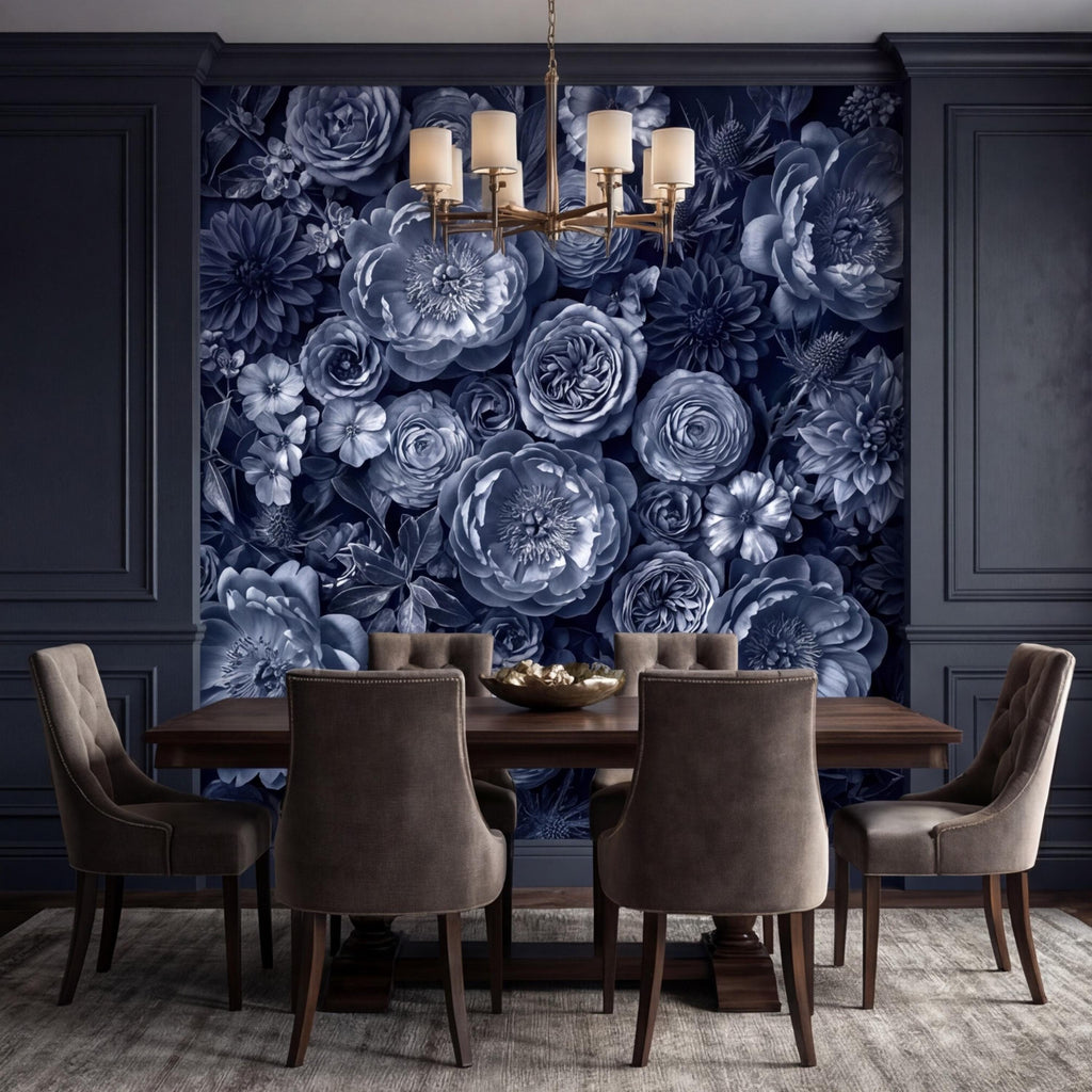 Dark Blue Floral Peel and Stick Wall Mural, Moody Monochrome Peony Rose Dahlia Wallpaper, Elegant Flower Wall Decor