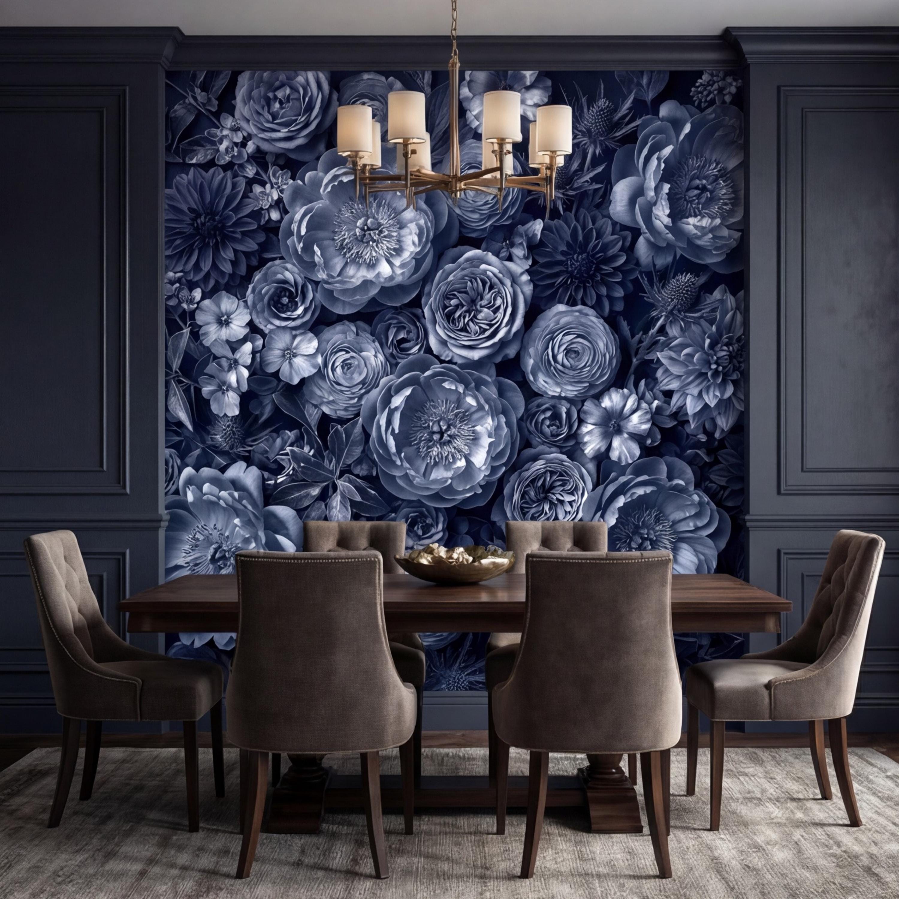 Dark Blue Floral Peel and Stick Wall Mural, Moody Monochrome Peony Rose Dahlia Wallpaper, Elegant Flower Wall Decor