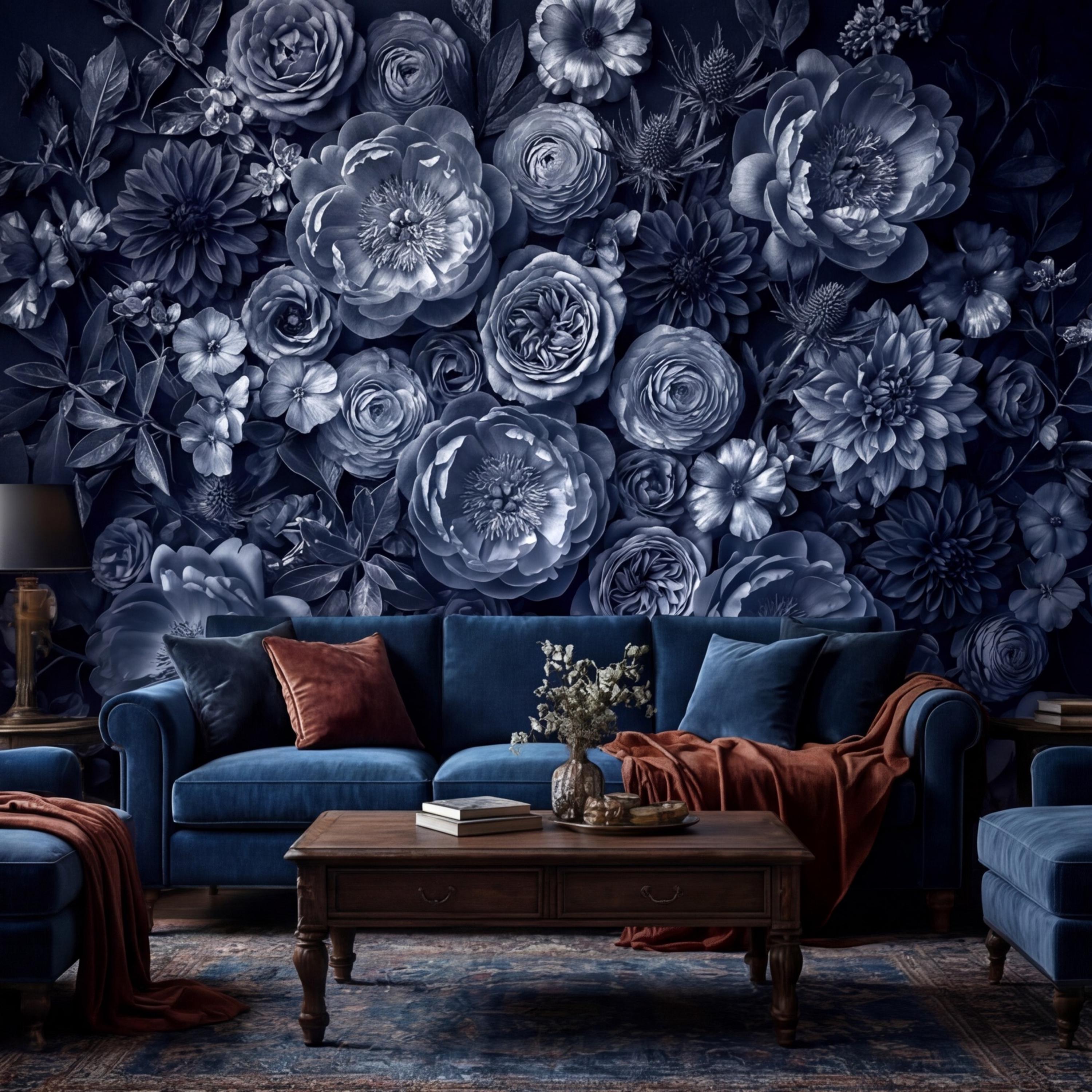 Dark Blue Floral Peel and Stick Wall Mural, Moody Monochrome Peony Rose Dahlia Wallpaper, Elegant Flower Wall Decor