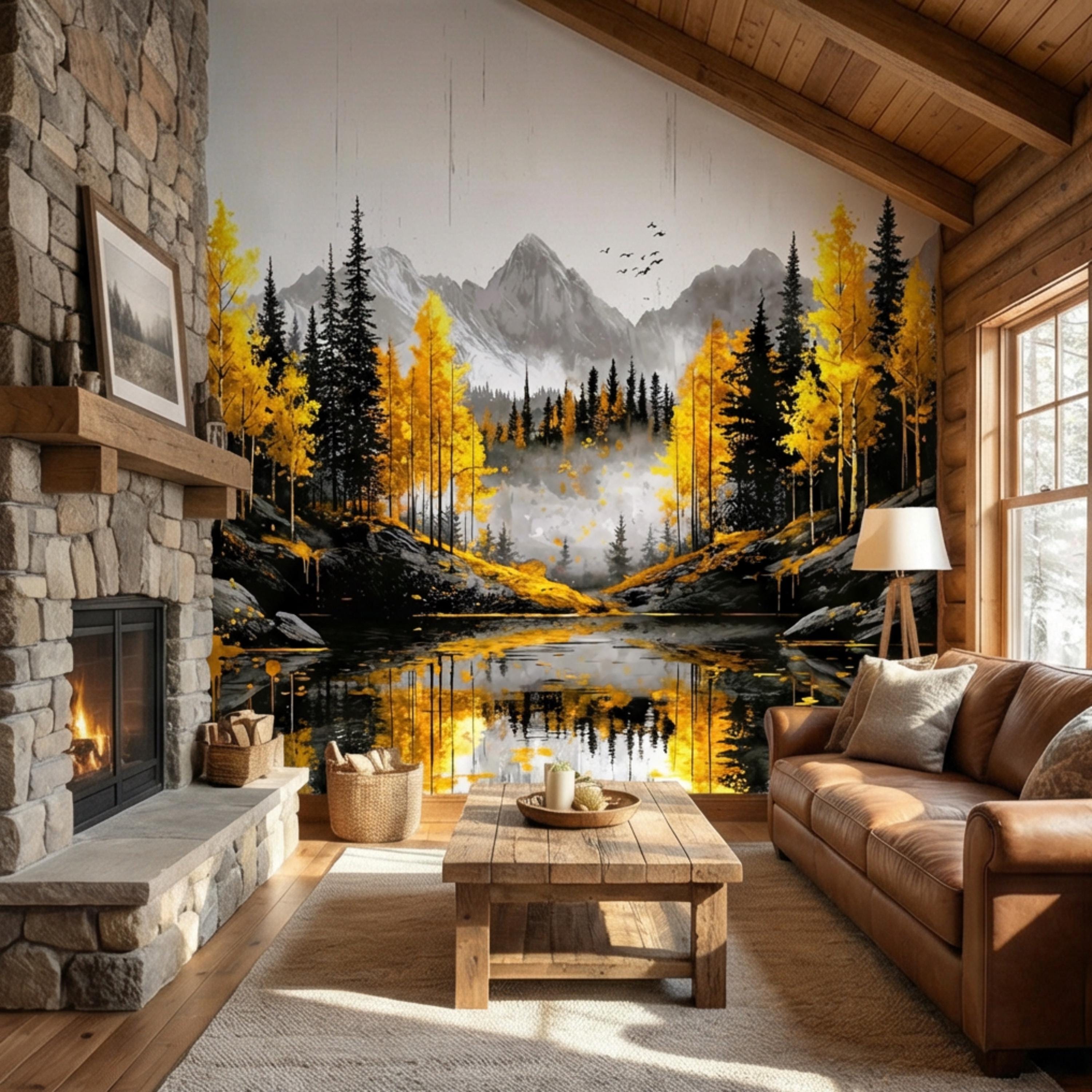 Autumn Forest LakePeel and Stick Wall Mural , Yellow Aspen Trees Mountain Landscape, Modern Abstract Nature Wallpaper