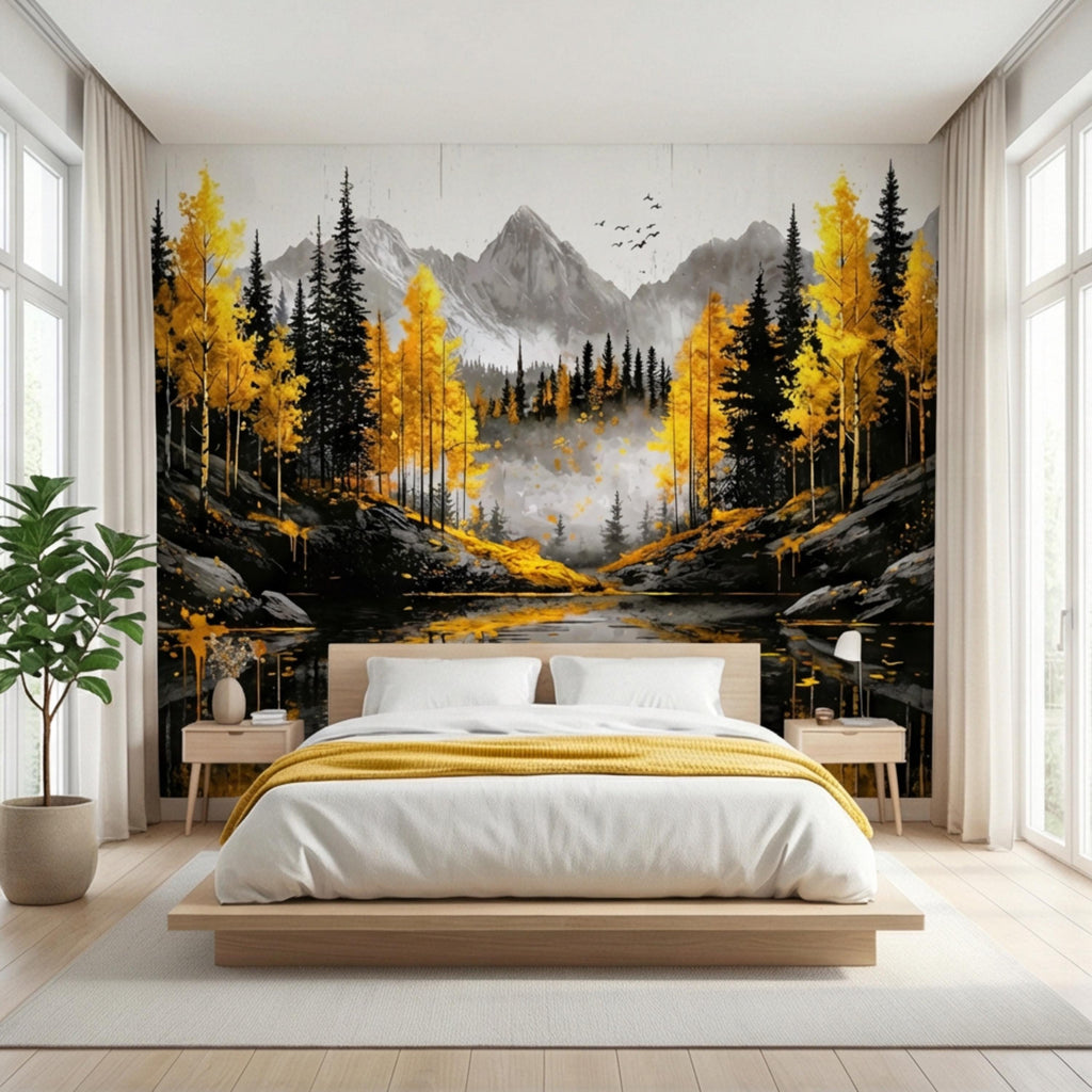 Autumn Forest LakePeel and Stick Wall Mural , Yellow Aspen Trees Mountain Landscape, Modern Abstract Nature Wallpaper