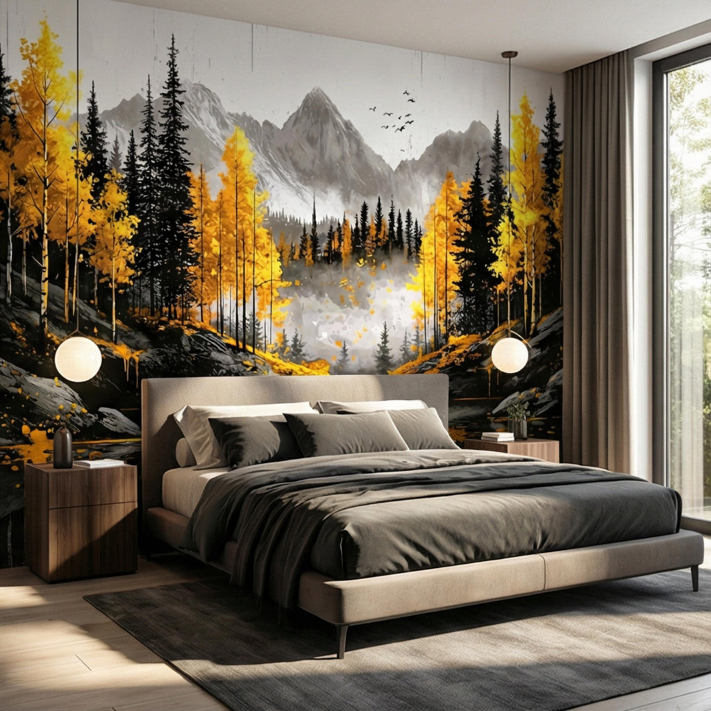 Autumn Forest LakePeel and Stick Wall Mural , Yellow Aspen Trees Mountain Landscape, Modern Abstract Nature Wallpaper