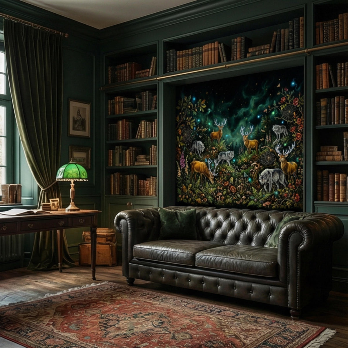 Woodland wall mural scene with wolves and deer, glowing teal stars, and floral details