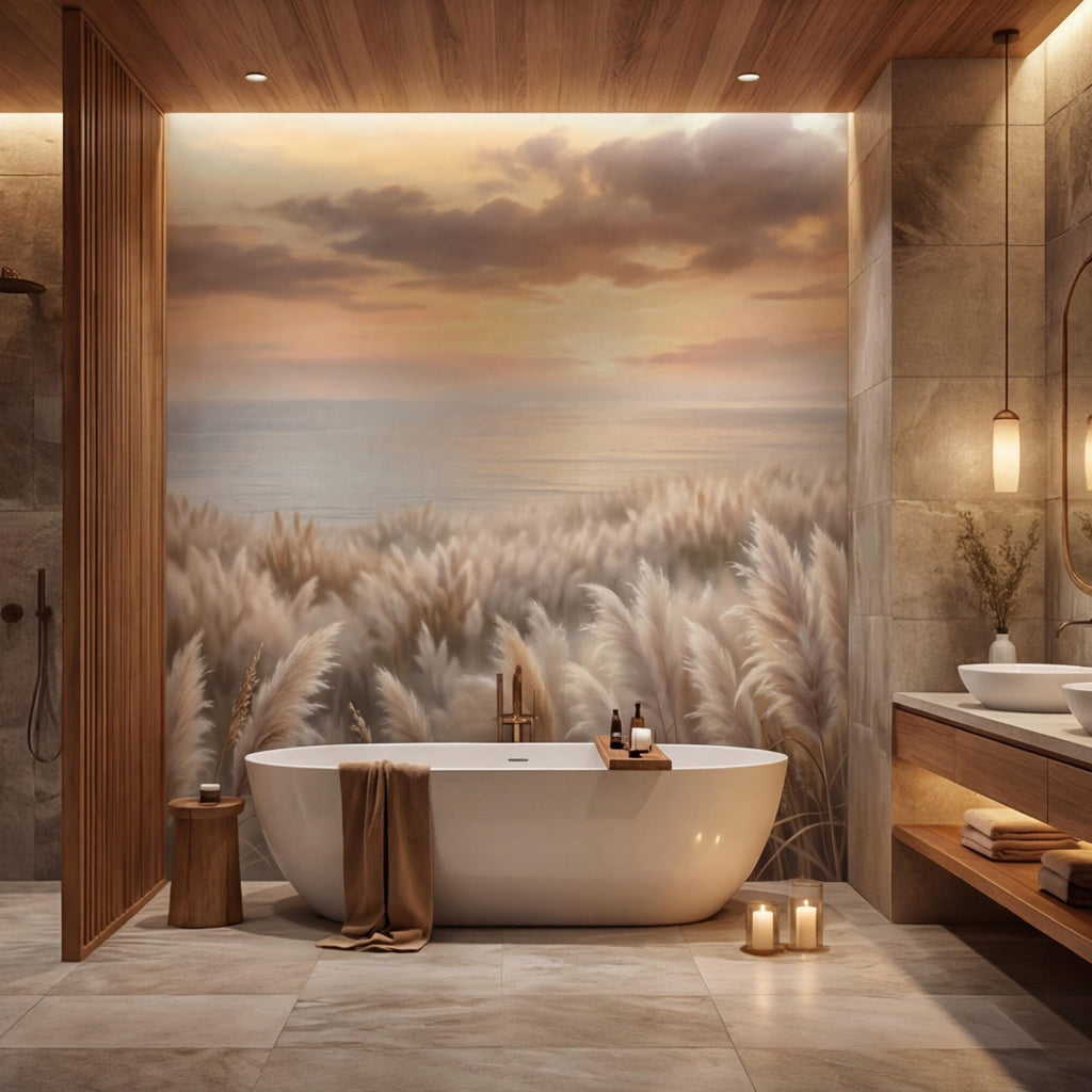 Pampas Grass Coastal Sunset Peel and Stick Wall Mural, Neutral Beige Beach Wallpaper, Boho Bedroom Living Room Wall Decor