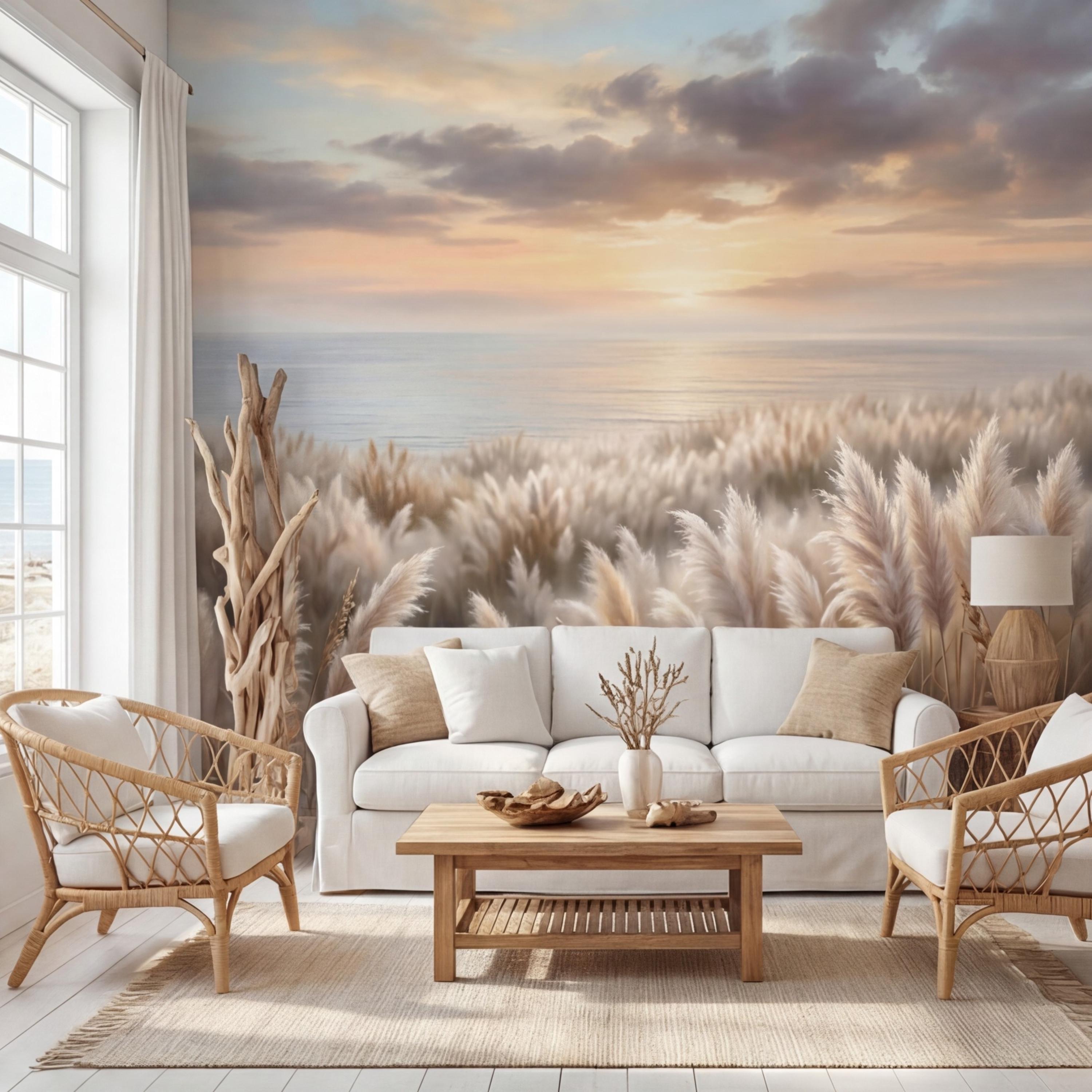 Pampas Grass Coastal Sunset Peel and Stick Wall Mural, Neutral Beige Beach Wallpaper, Boho Bedroom Living Room Wall Decor