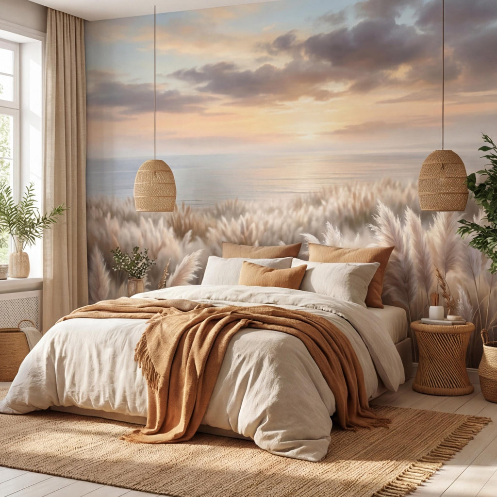 Pampas Grass Coastal Sunset Peel and Stick Wall Mural, Neutral Beige Beach Wallpaper, Boho Bedroom Living Room Wall Decor