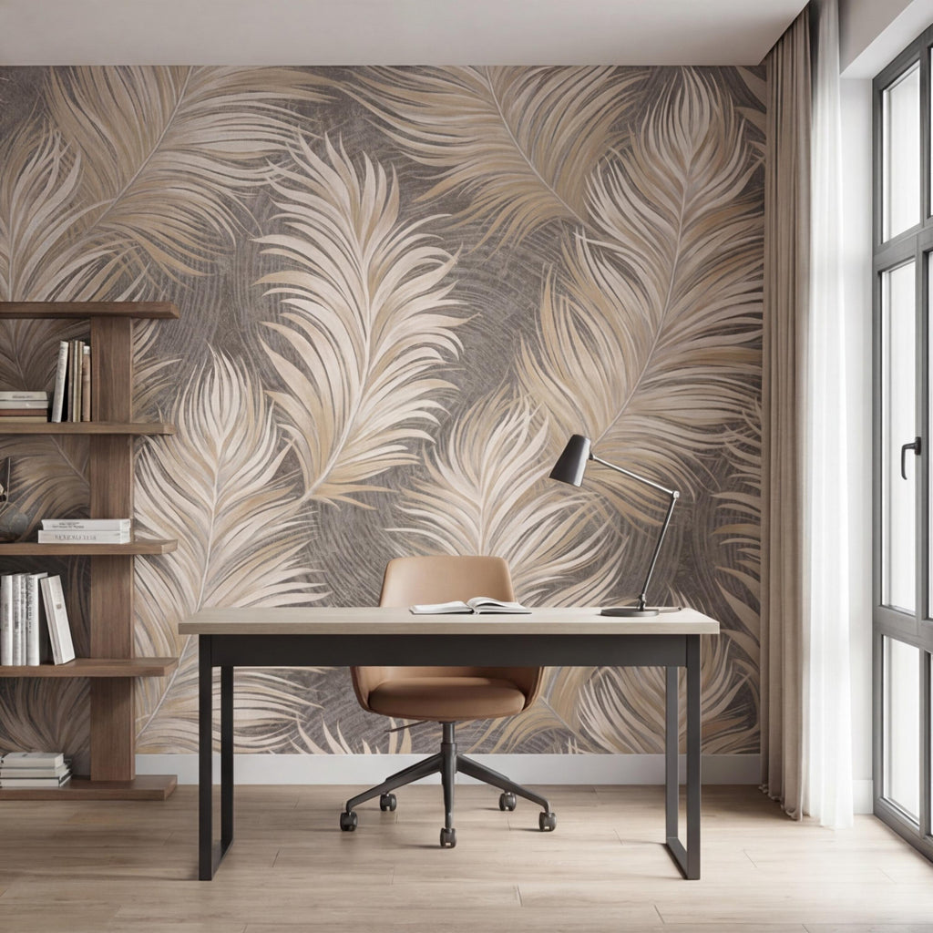 Beige Feather Peel and Stick Wall Mural, Soft Taupe Textured Feather Pattern Wallpaper, Neutral Boho Wall Art