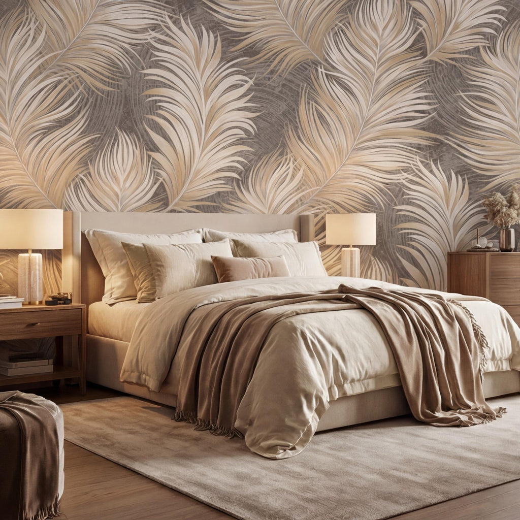 Beige Feather Peel and Stick Wall Mural, Soft Taupe Textured Feather Pattern Wallpaper, Neutral Boho Wall Art