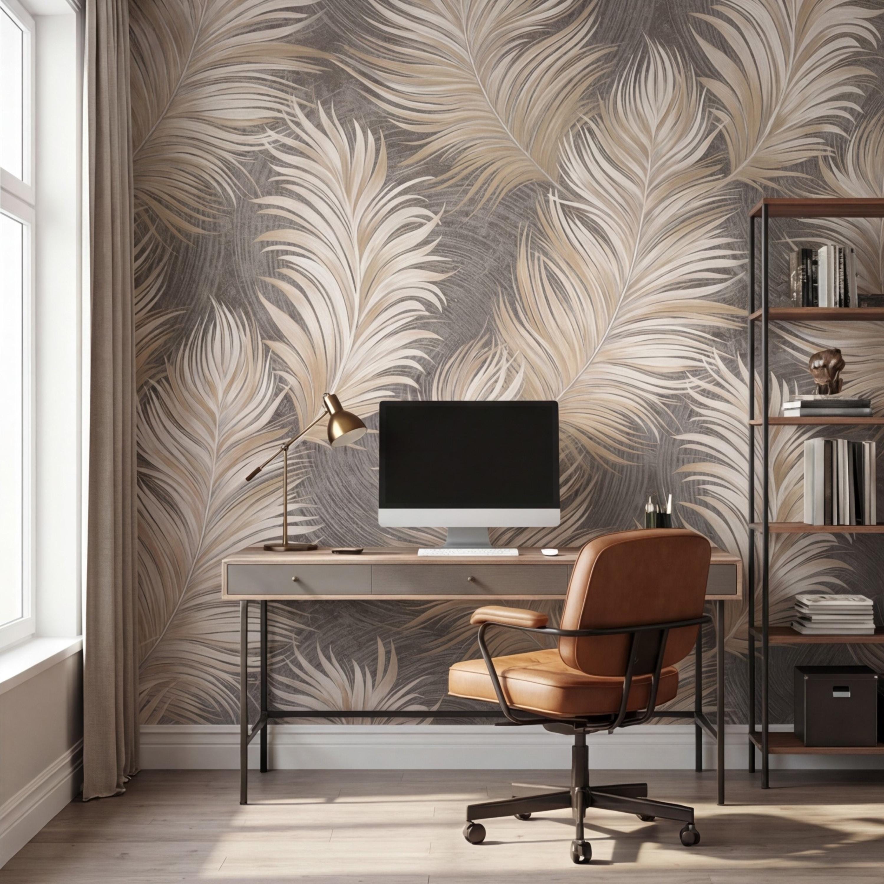 Beige Feather Peel and Stick Wall Mural, Soft Taupe Textured Feather Pattern Wallpaper, Neutral Boho Wall Art