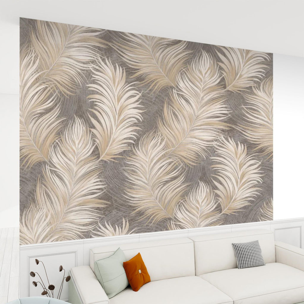 Beige Feather Peel and Stick Wall Mural, Soft Taupe Textured Feather Pattern Wallpaper, Neutral Boho Wall Art