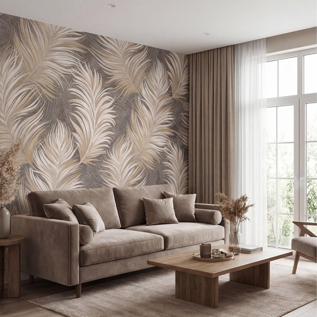 Beige Feather Peel and Stick Wall Mural, Soft Taupe Textured Feather Pattern Wallpaper, Neutral Boho Wall Art
