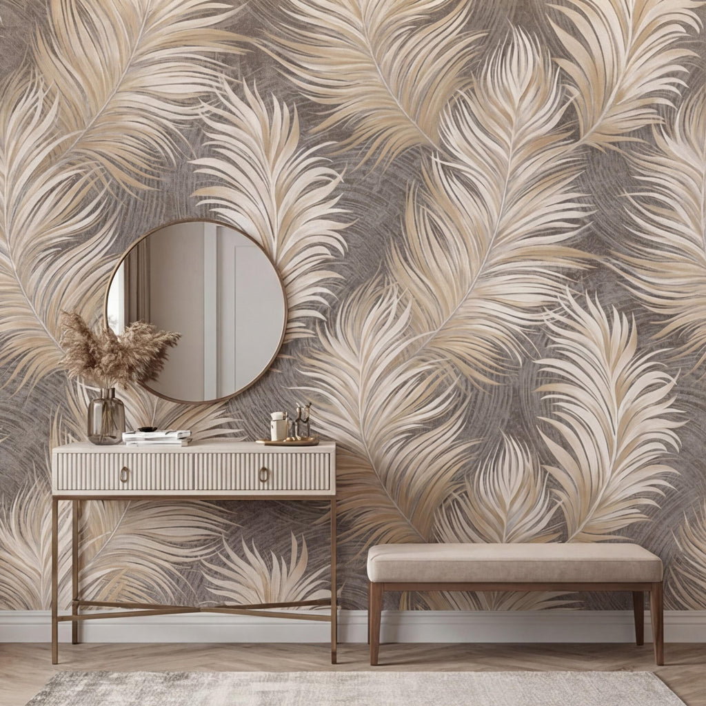 Beige Feather Peel and Stick Wall Mural, Soft Taupe Textured Feather Pattern Wallpaper, Neutral Boho Wall Art