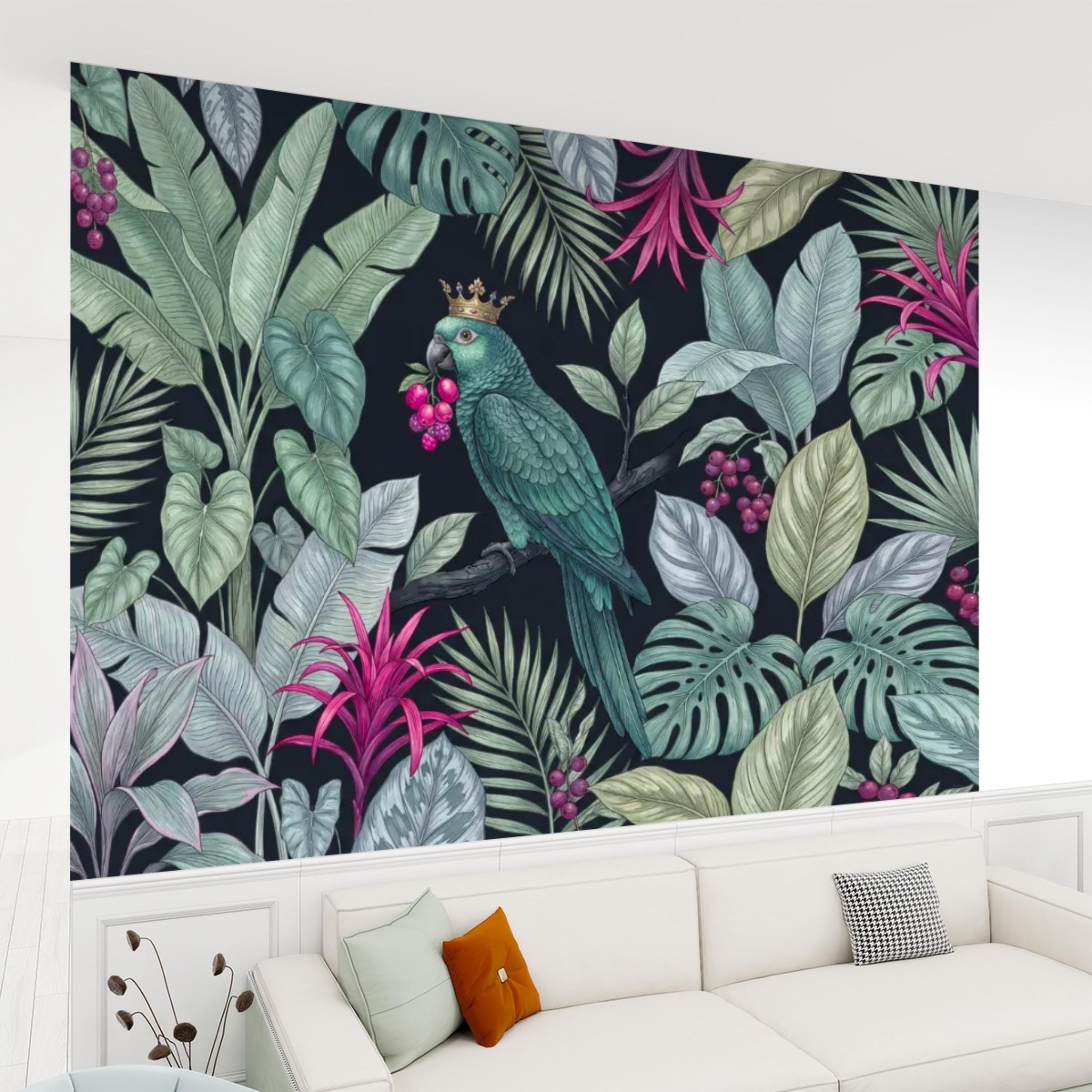 Dark Botanical Exotic Tropical Parrot Peel and Stick Wall Mural, Jungle Leaves Wallpaper, Tropical Bird Wall Art, Dark Green Boho Wall Decor