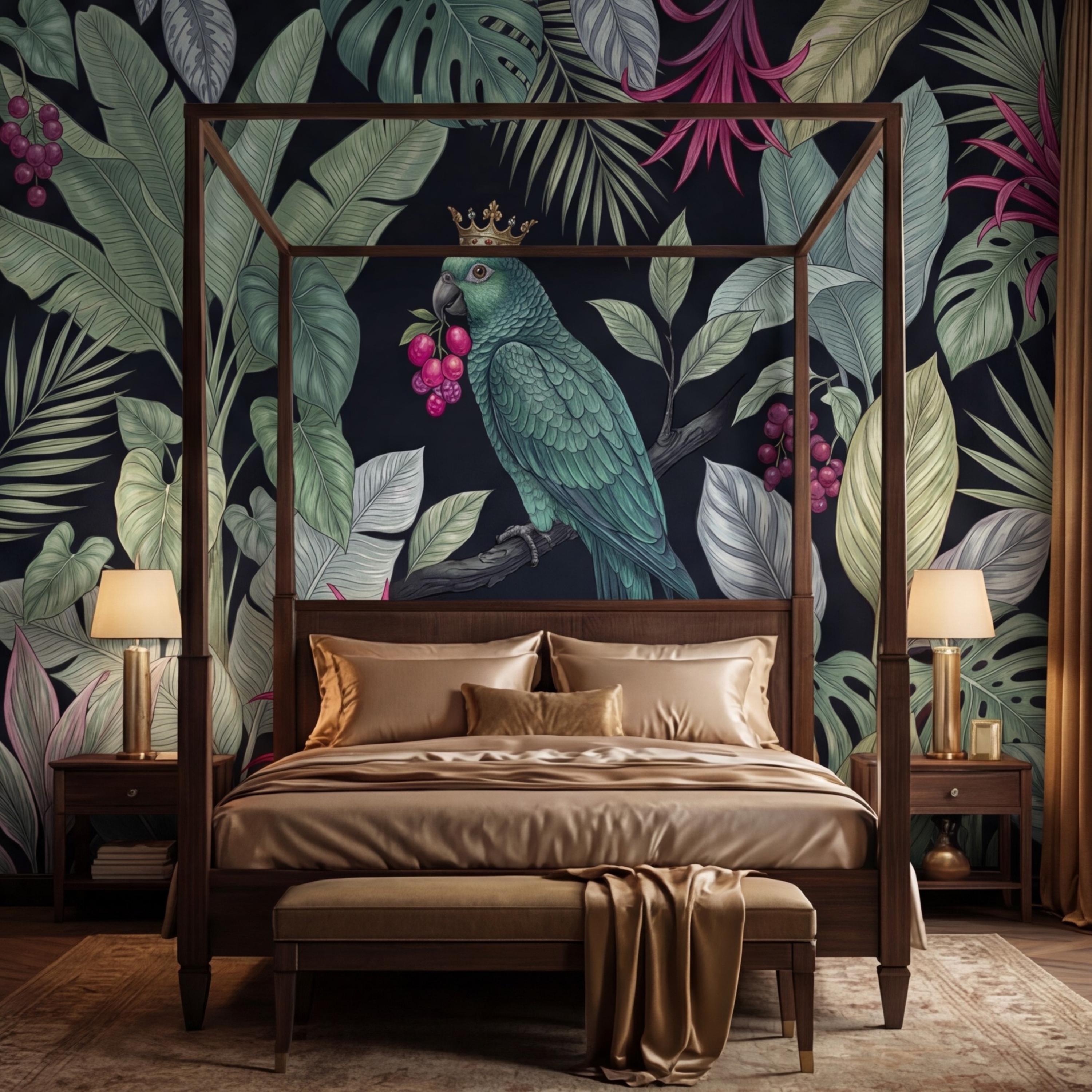 Dark Botanical Exotic Tropical Parrot Peel and Stick Wall Mural, Jungle Leaves Wallpaper, Tropical Bird Wall Art, Dark Green Boho Wall Decor