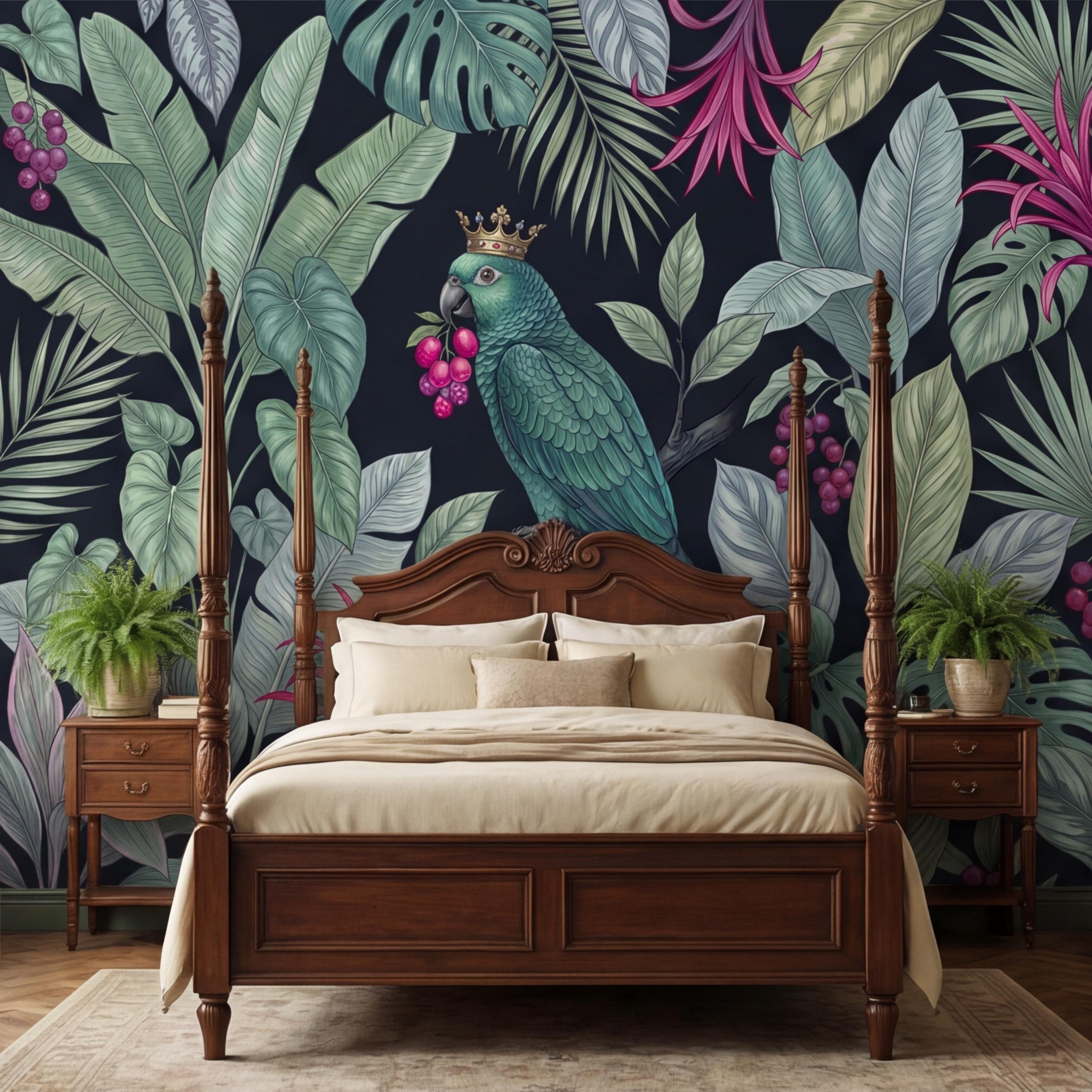 Dark Botanical Exotic Tropical Parrot Peel and Stick Wall Mural, Jungle Leaves Wallpaper, Tropical Bird Wall Art, Dark Green Boho Wall Decor