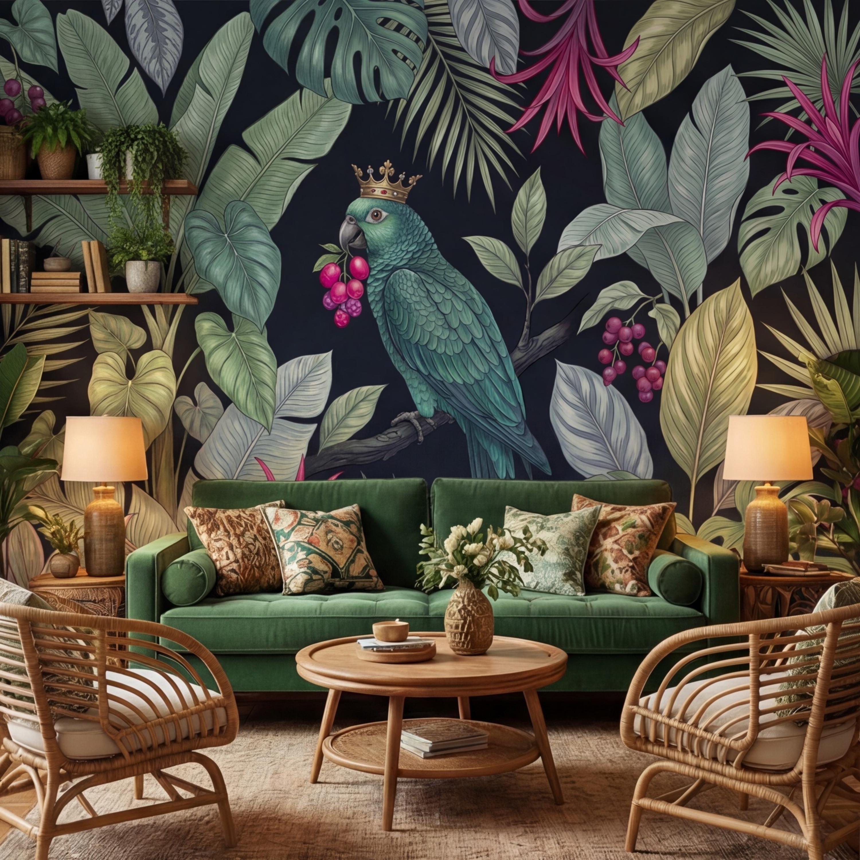 Dark Botanical Exotic Tropical Parrot Peel and Stick Wall Mural, Jungle Leaves Wallpaper, Tropical Bird Wall Art, Dark Green Boho Wall Decor