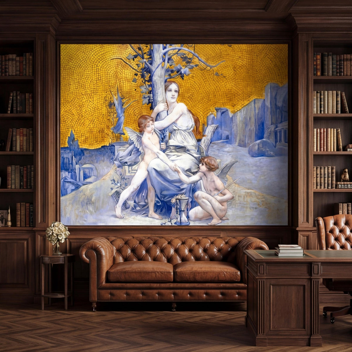 Wall mural with angel goddess center figure, blue cherubs, and golden mosaic heaven