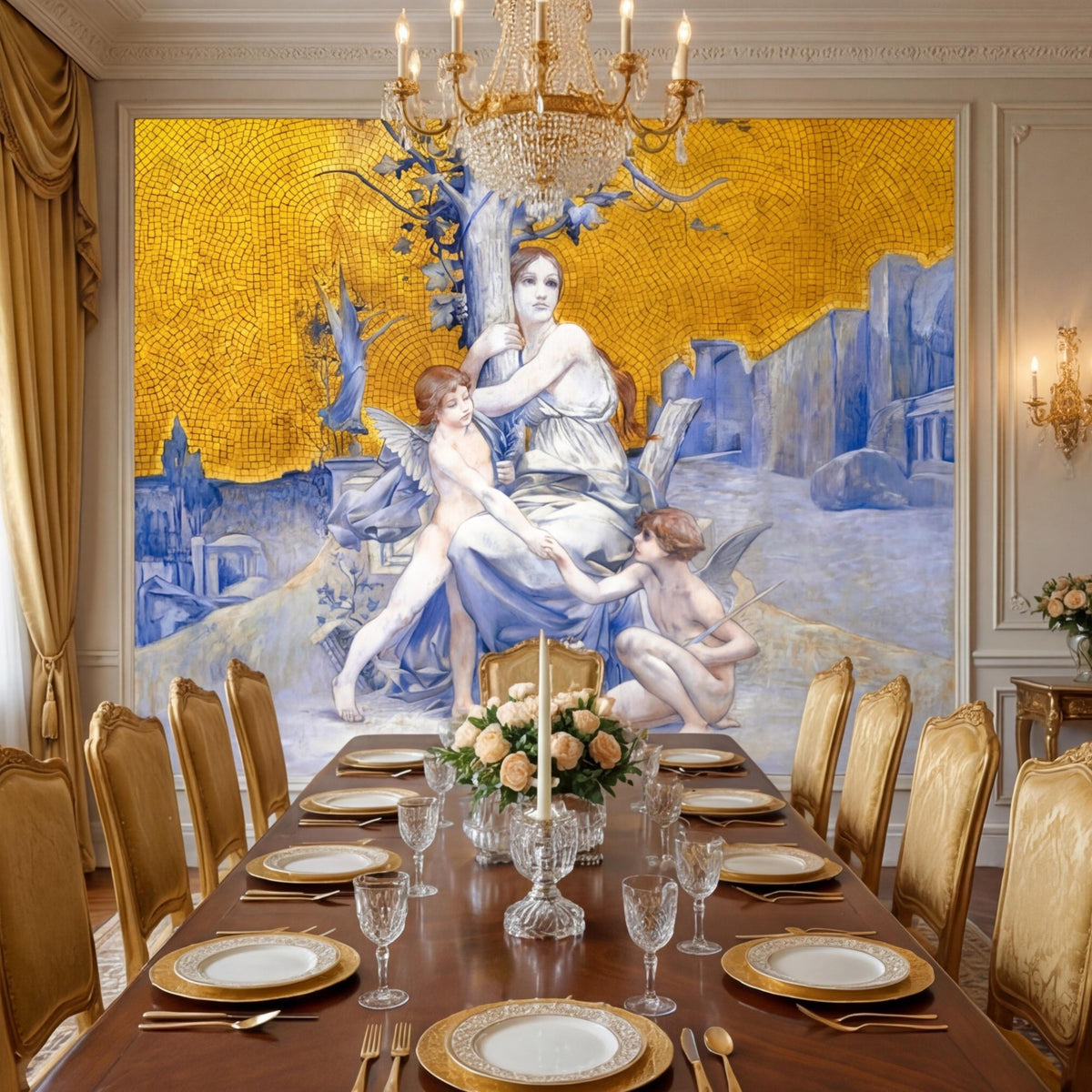 Wall mural showing angel goddess with blue cherubs and golden mosaic background