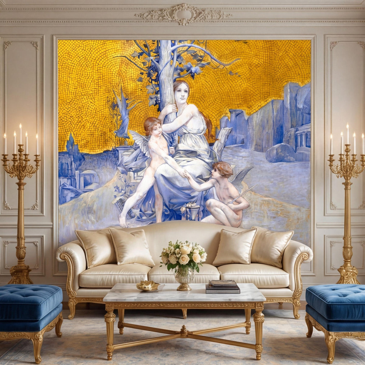 Wall mural featuring a classical angel goddess, blue figures, and golden mosaic backdrop