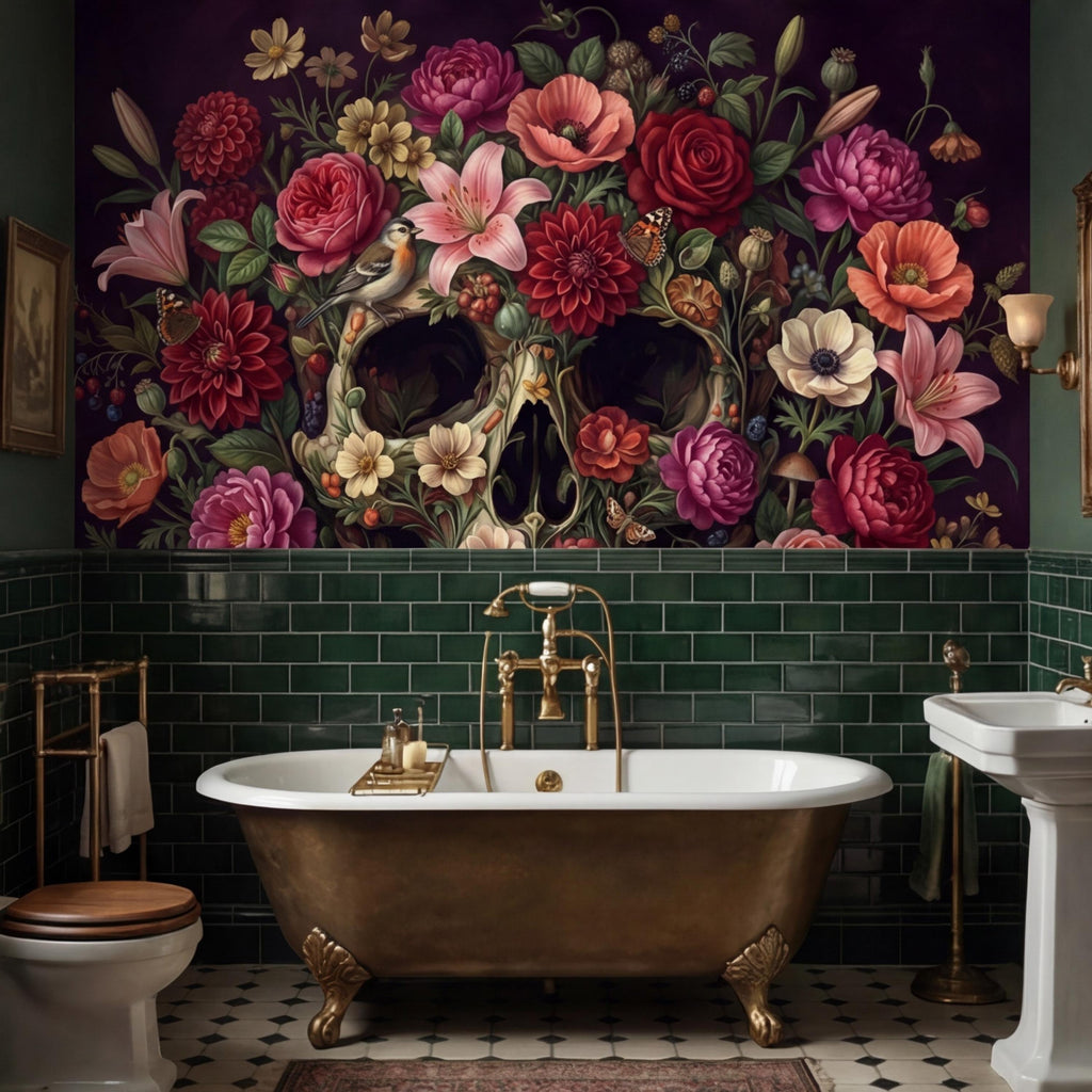 Floral Skull Peel and Stick Wall Mural, Dark Botanical Gothic Wallpaper, Romantic Macabre Skull Wall Art Decor