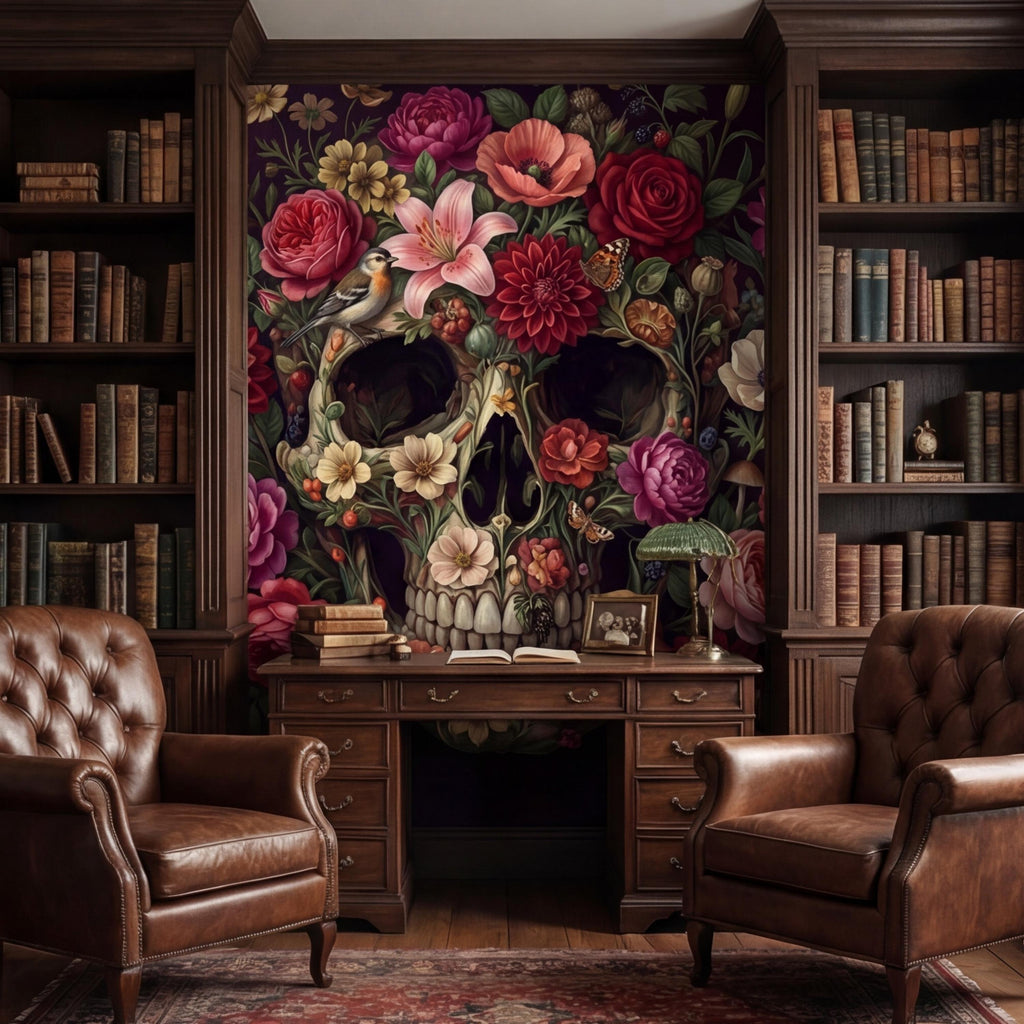 Floral Skull Peel and Stick Wall Mural, Dark Botanical Gothic Wallpaper, Romantic Macabre Skull Wall Art Decor