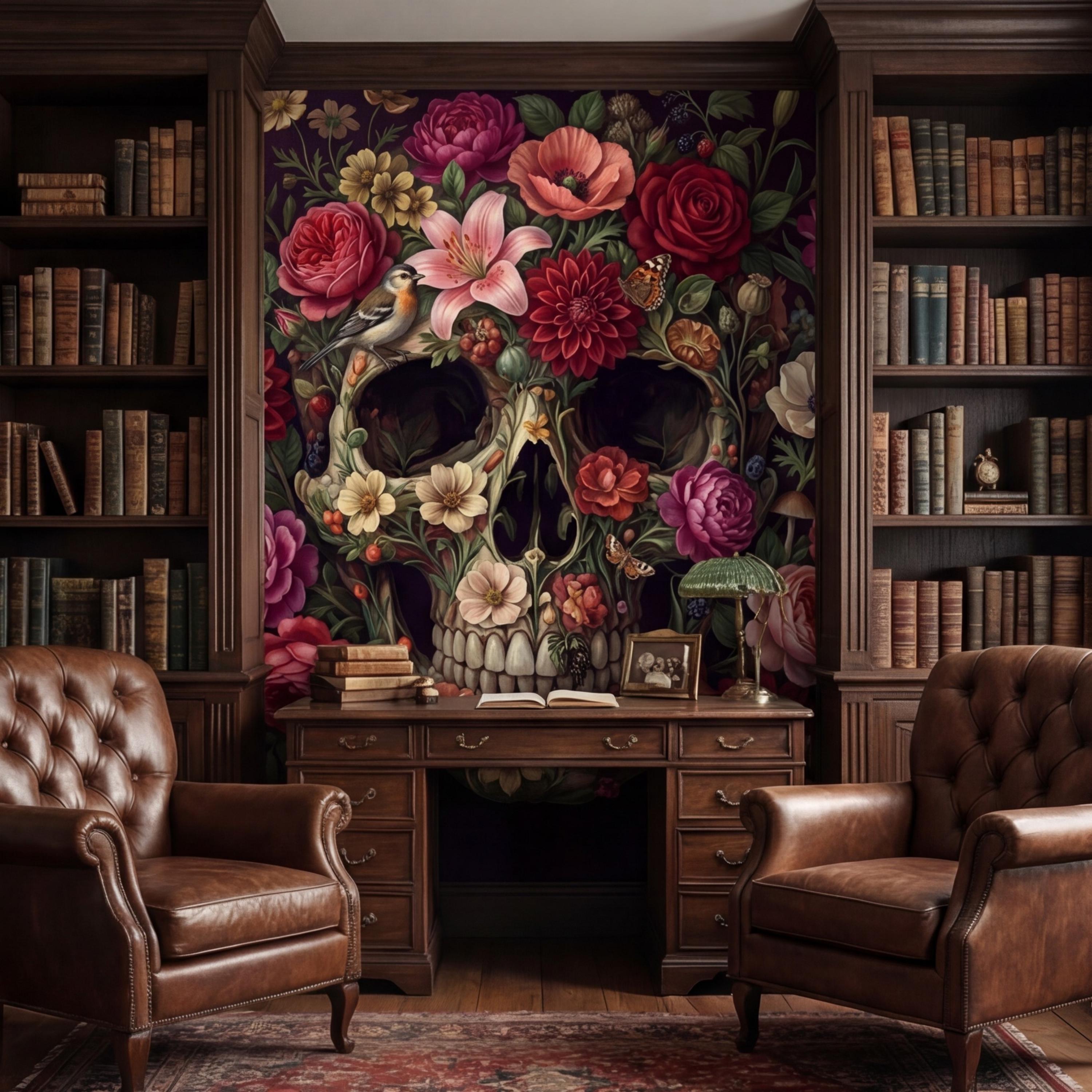 Floral Skull Peel and Stick Wall Mural, Dark Botanical Gothic Wallpaper, Romantic Macabre Skull Wall Art Decor