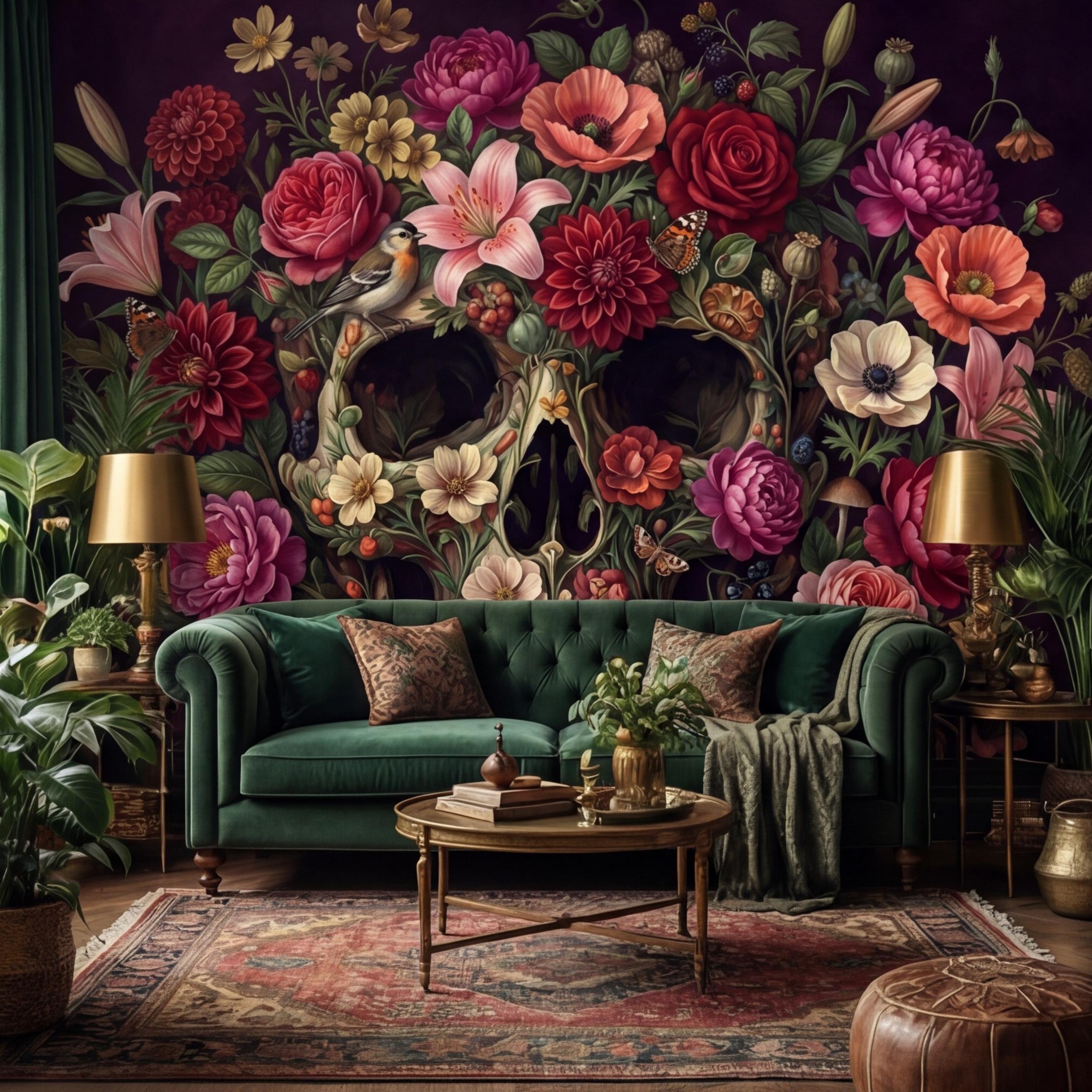 Floral Skull Peel and Stick Wall Mural, Dark Botanical Gothic Wallpaper, Romantic Macabre Skull Wall Art Decor