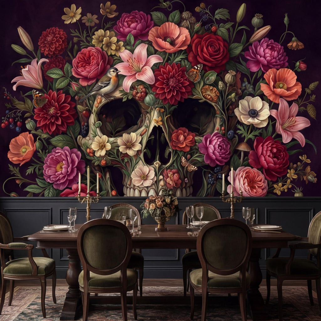 Floral Skull Peel and Stick Wall Mural, Dark Botanical Gothic Wallpaper, Romantic Macabre Skull Wall Art Decor