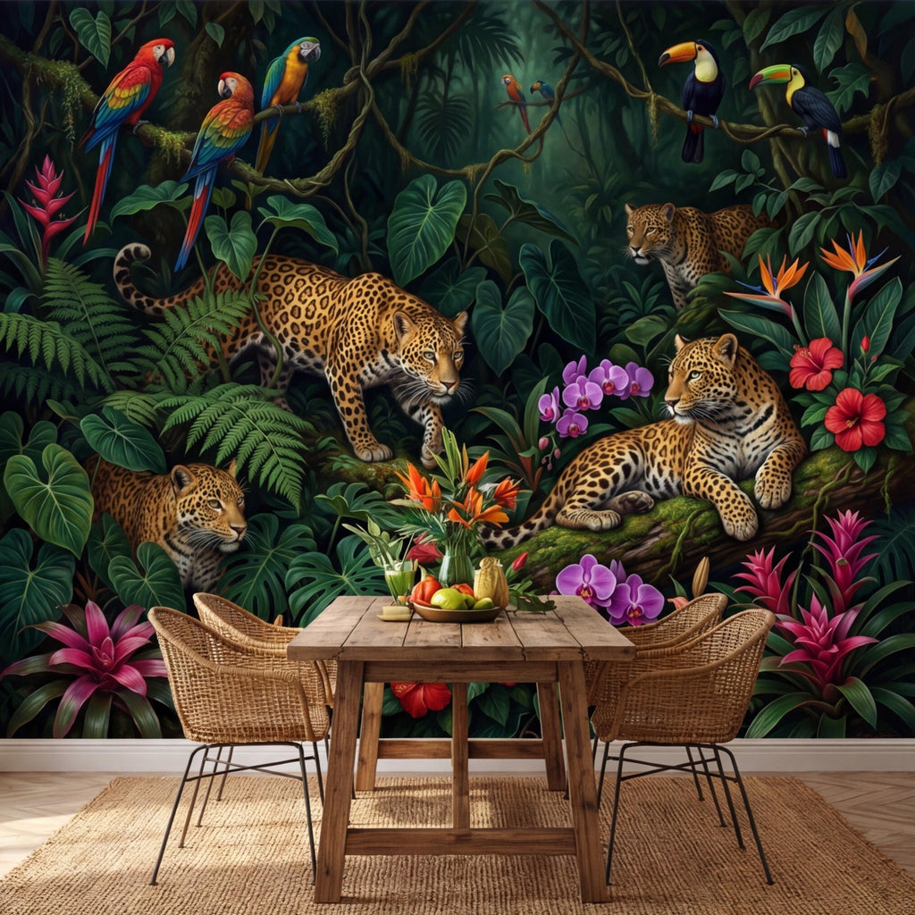 Tropical Jungle Leopard Peel and Stick Wall Mural, Dark Rainforest Parrot Wallpaper, Exotic Botanical Wall Art