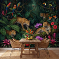 Tropical Jungle Leopard Peel and Stick Wall Mural, Dark Rainforest Parrot Wallpaper, Exotic Botanical Wall Art