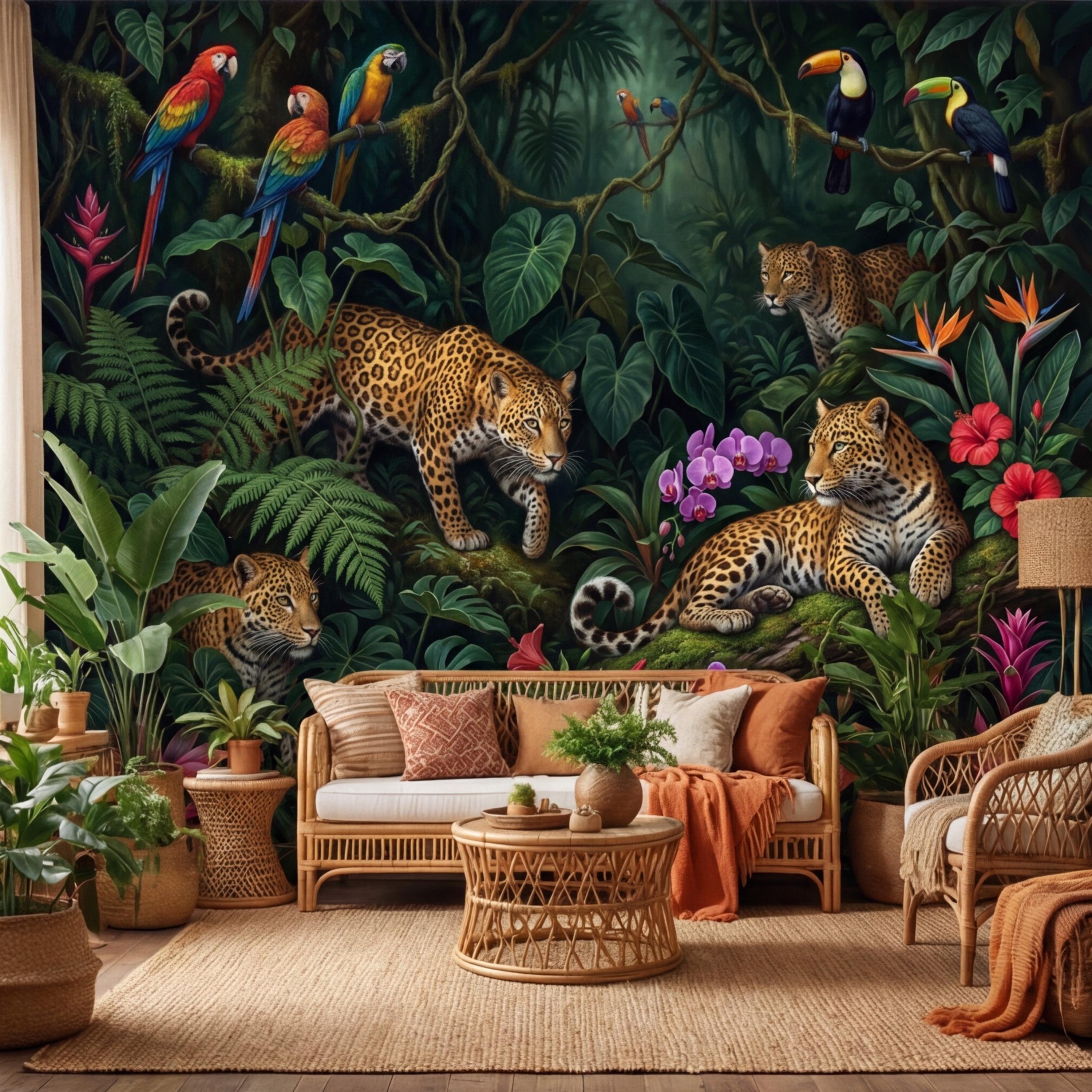 Tropical Jungle Leopard Peel and Stick Wall Mural, Dark Rainforest Parrot Wallpaper, Exotic Botanical Wall Art