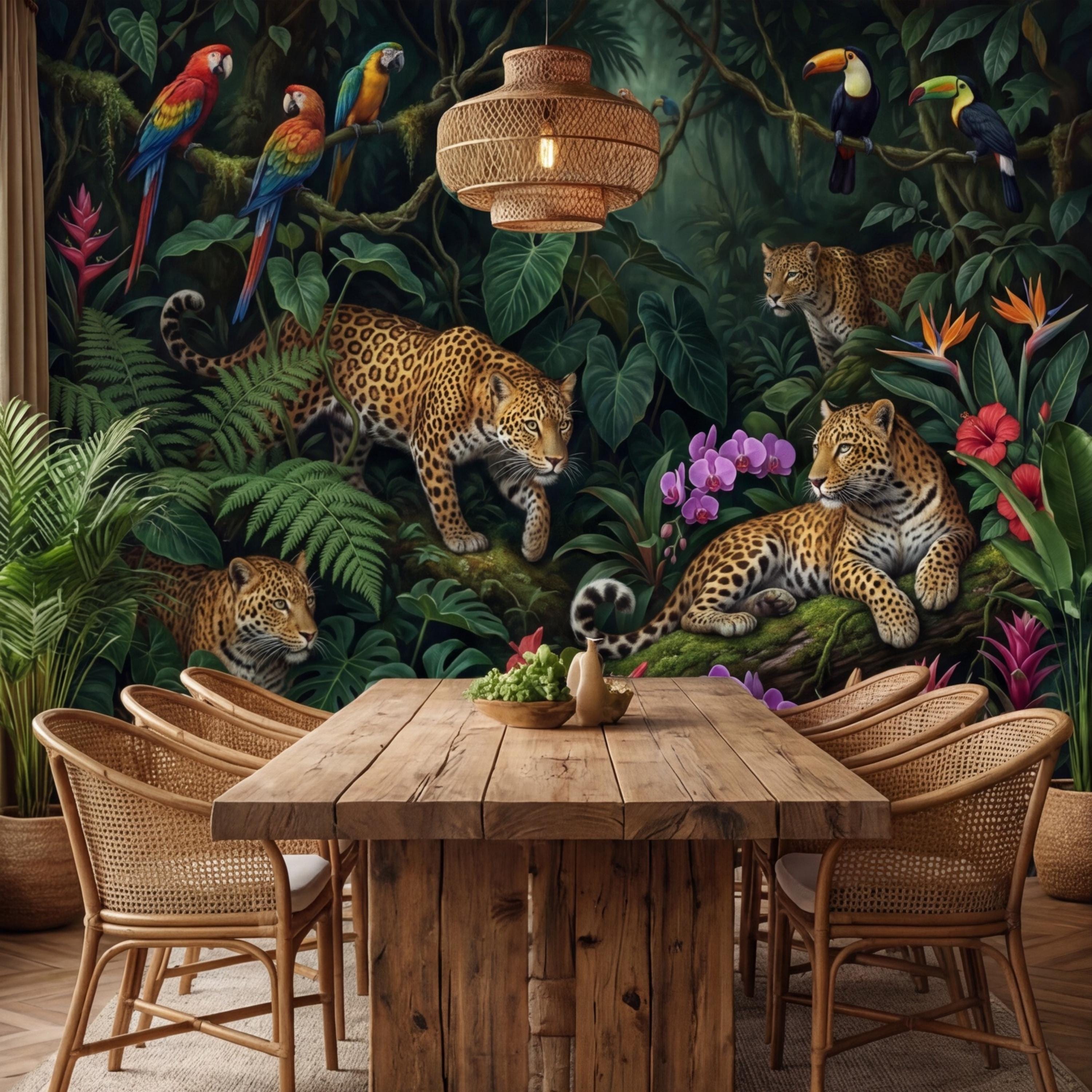 Tropical Jungle Leopard Peel and Stick Wall Mural, Dark Rainforest Parrot Wallpaper, Exotic Botanical Wall Art