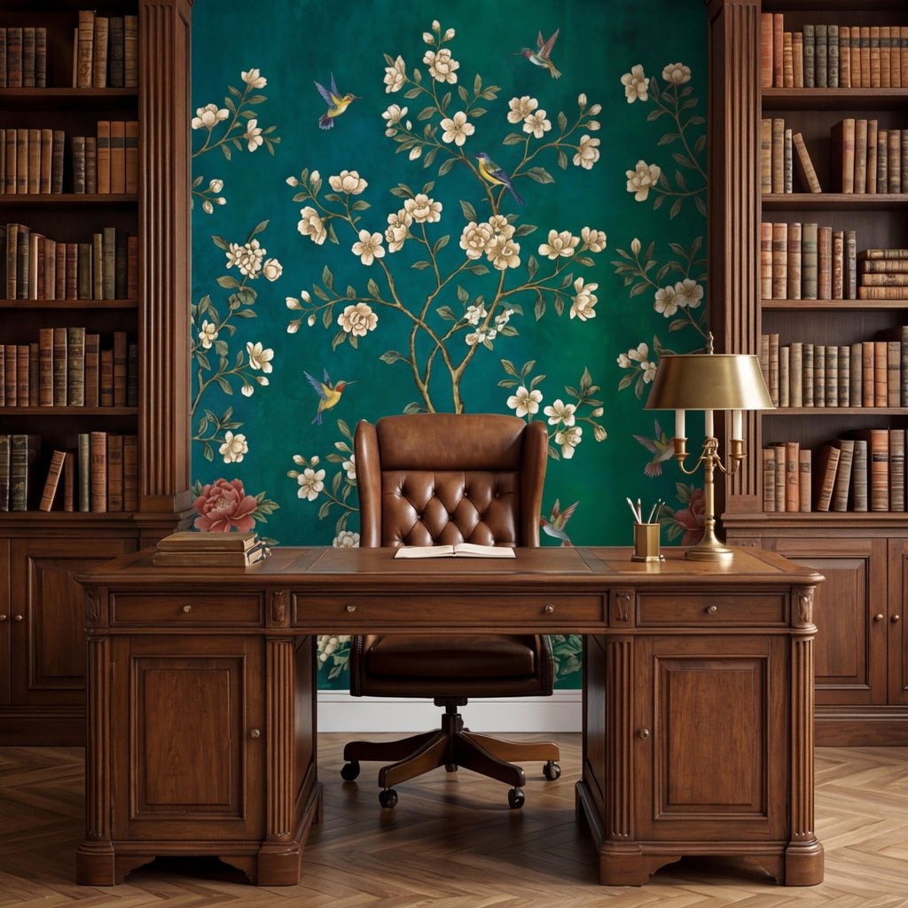 Emerald Chinoiserie Bird Blossom Peel and Stick Wall Mural, Asian Floral Wallpaper, Hummingbird Wall Art
