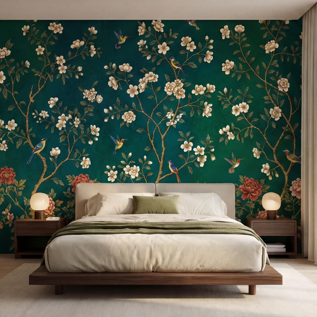 Emerald Chinoiserie Bird Blossom Peel and Stick Wall Mural, Asian Floral Wallpaper, Hummingbird Wall Art