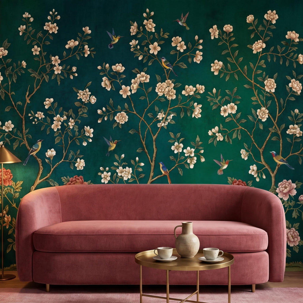 Emerald Chinoiserie Bird Blossom Peel and Stick Wall Mural, Asian Floral Wallpaper, Hummingbird Wall Art