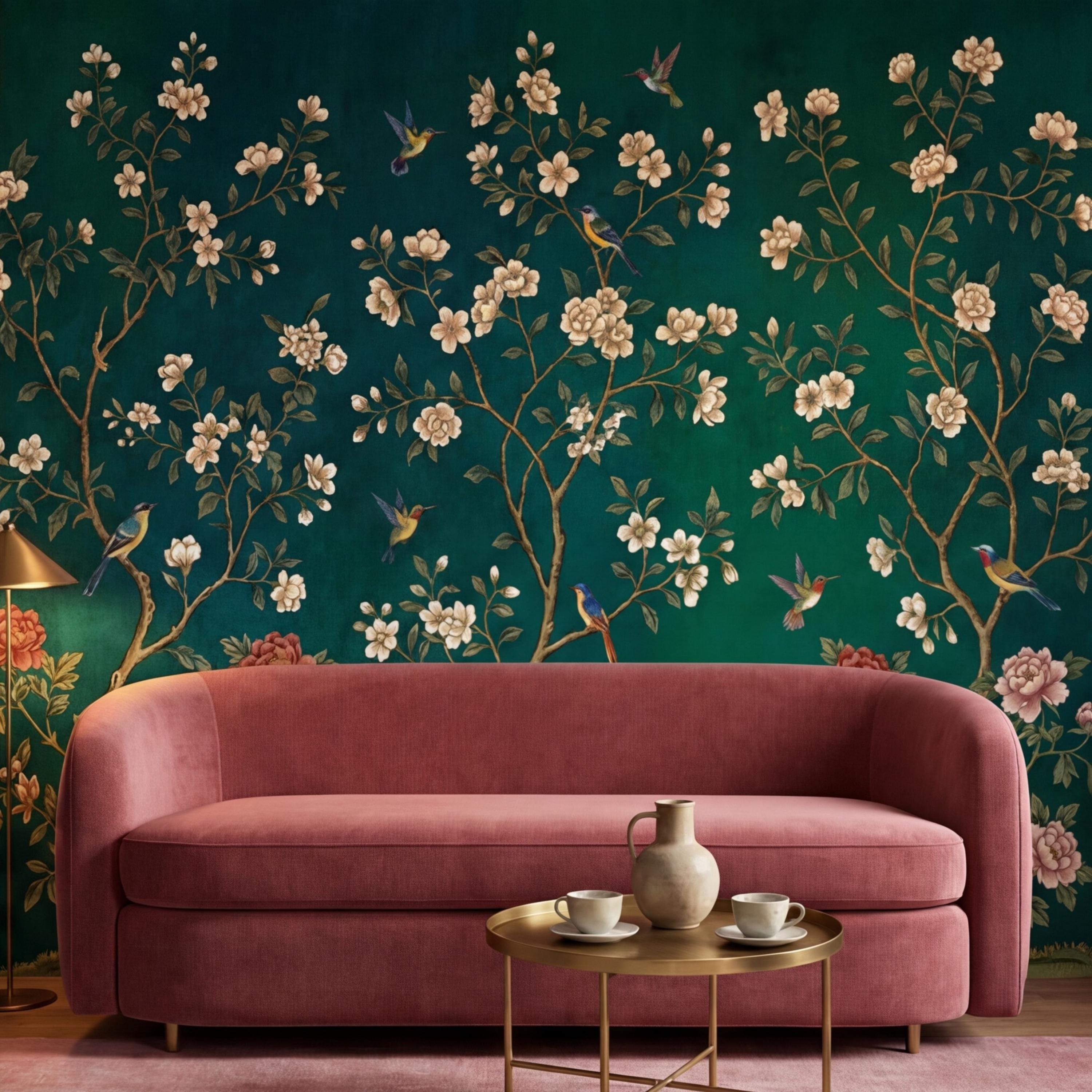 Emerald Chinoiserie Bird Blossom Peel and Stick Wall Mural, Asian Floral Wallpaper, Hummingbird Wall Art