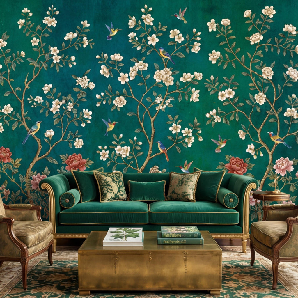 Emerald Chinoiserie Bird Blossom Peel and Stick Wall Mural, Asian Floral Wallpaper, Hummingbird Wall Art