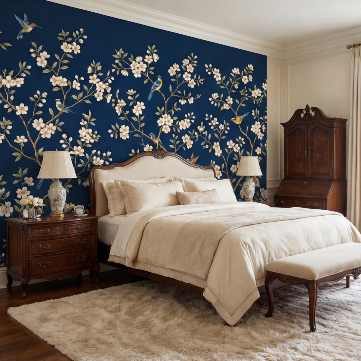 Navy chinoiserie wall mural with white floral branches and small hummingbirds