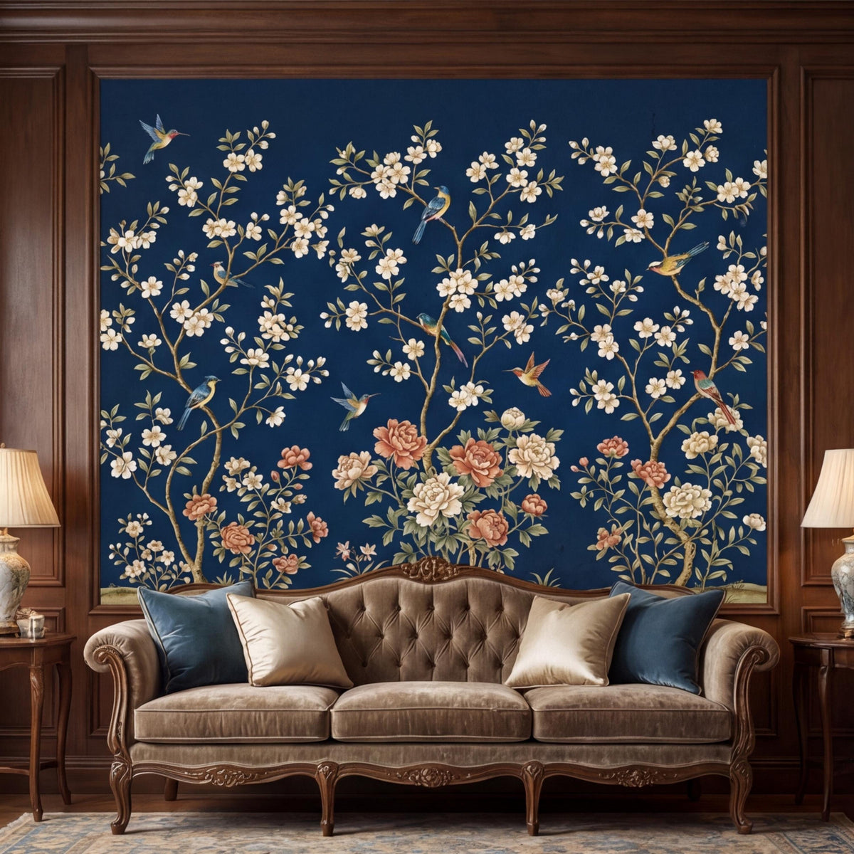 Framed navy chinoiserie wall mural with white blossoms, peach accents, and hummingbirds