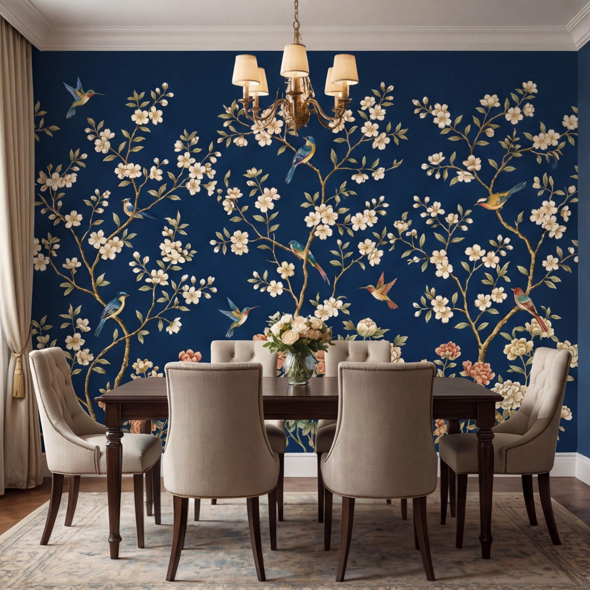 Navy chinoiserie wall mural backdrop with white blossoms, peach flowers, and hummingbirds