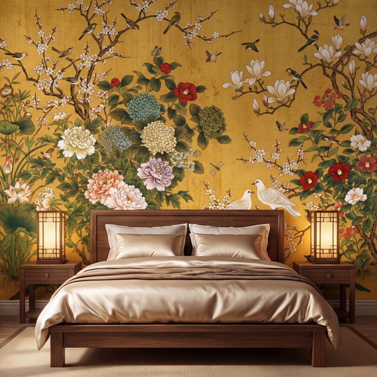 Floral garden wall mural with layered peonies, green hydrangea-like blooms, and two white birds.