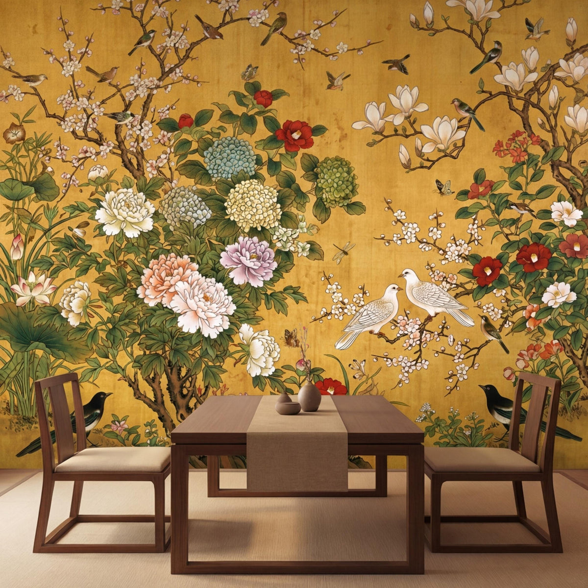 Yellow floral wall mural with garden blossoms, green leaves, and two white birds on branches.