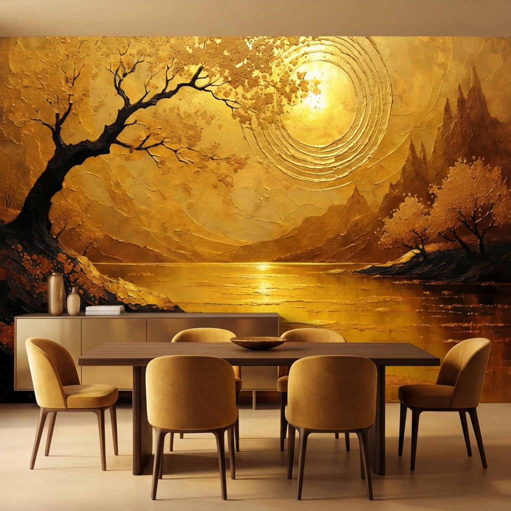 Gold Sunset Lake Tree Sun Peel and Stick Wall Mural, Textured Landscape Art Wallpaper, Golden Sun Wall Art