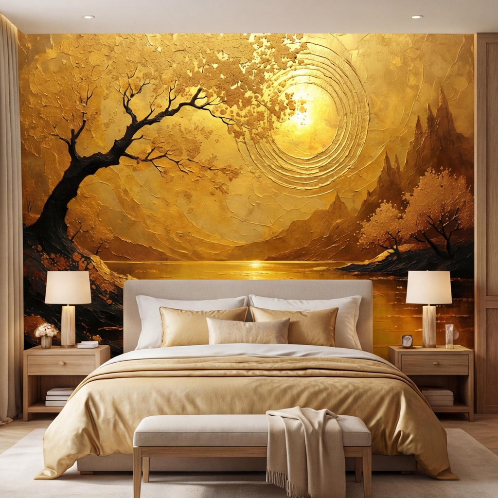Gold Sunset Lake Tree Sun Peel and Stick Wall Mural, Textured Landscape Art Wallpaper, Golden Sun Wall Art