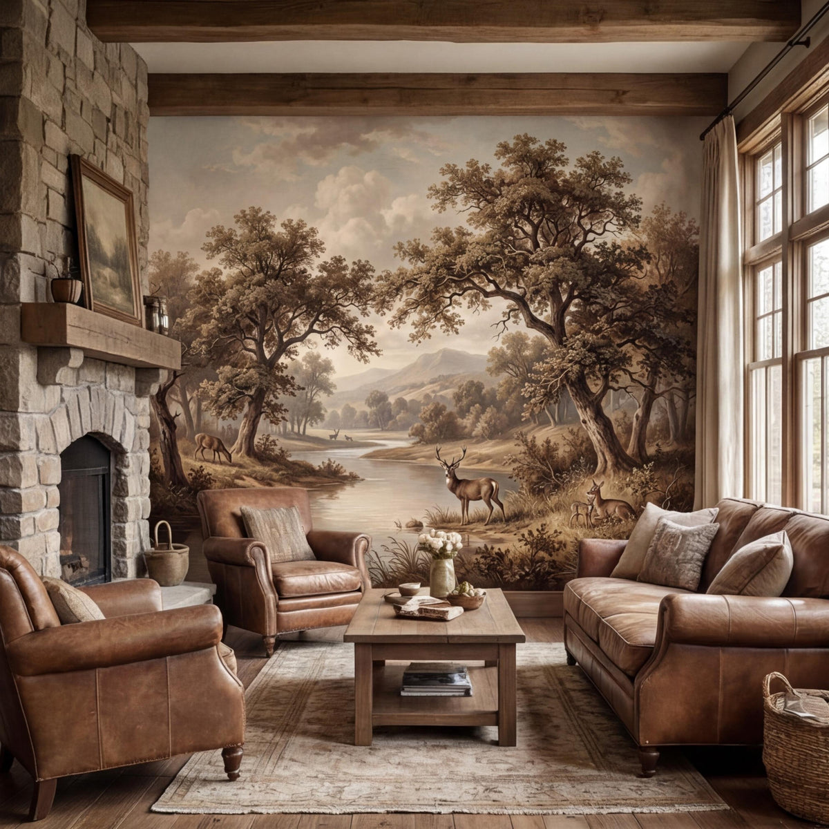 Landscape wall mural with river, deer, and layered forest trees in neutral tones