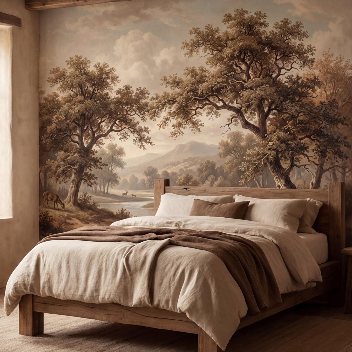 Neutral-toned forest and river wall mural with deer and broad tree canopy