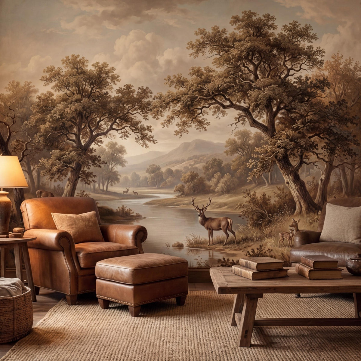 River landscape wall mural featuring deer in a forest clearing with distant hills