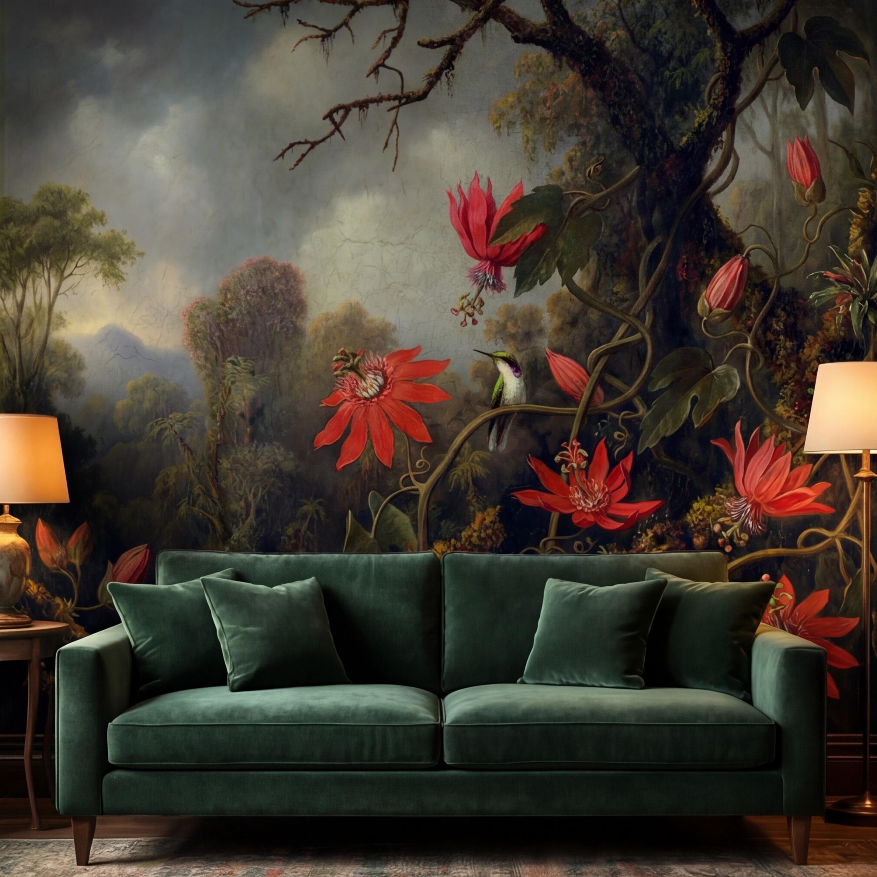 Vintage Tropical Jungle Hummingbird Peel and Stick Wall Mural, Old Master Syle Red Flowers Botanical Art Wallpaper